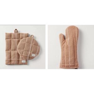 Hearth & Hand 3 PC SET Striped Pumpkin Brown Orange Oven Mitt & Potholders NEW!